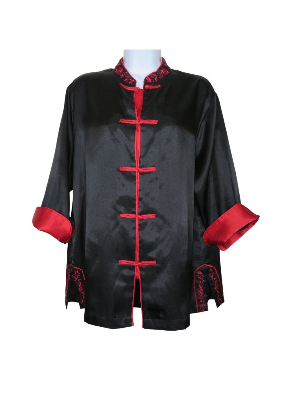 Black & Red Embroidered Satin Mandarin Collar Sleepwear Top Size S